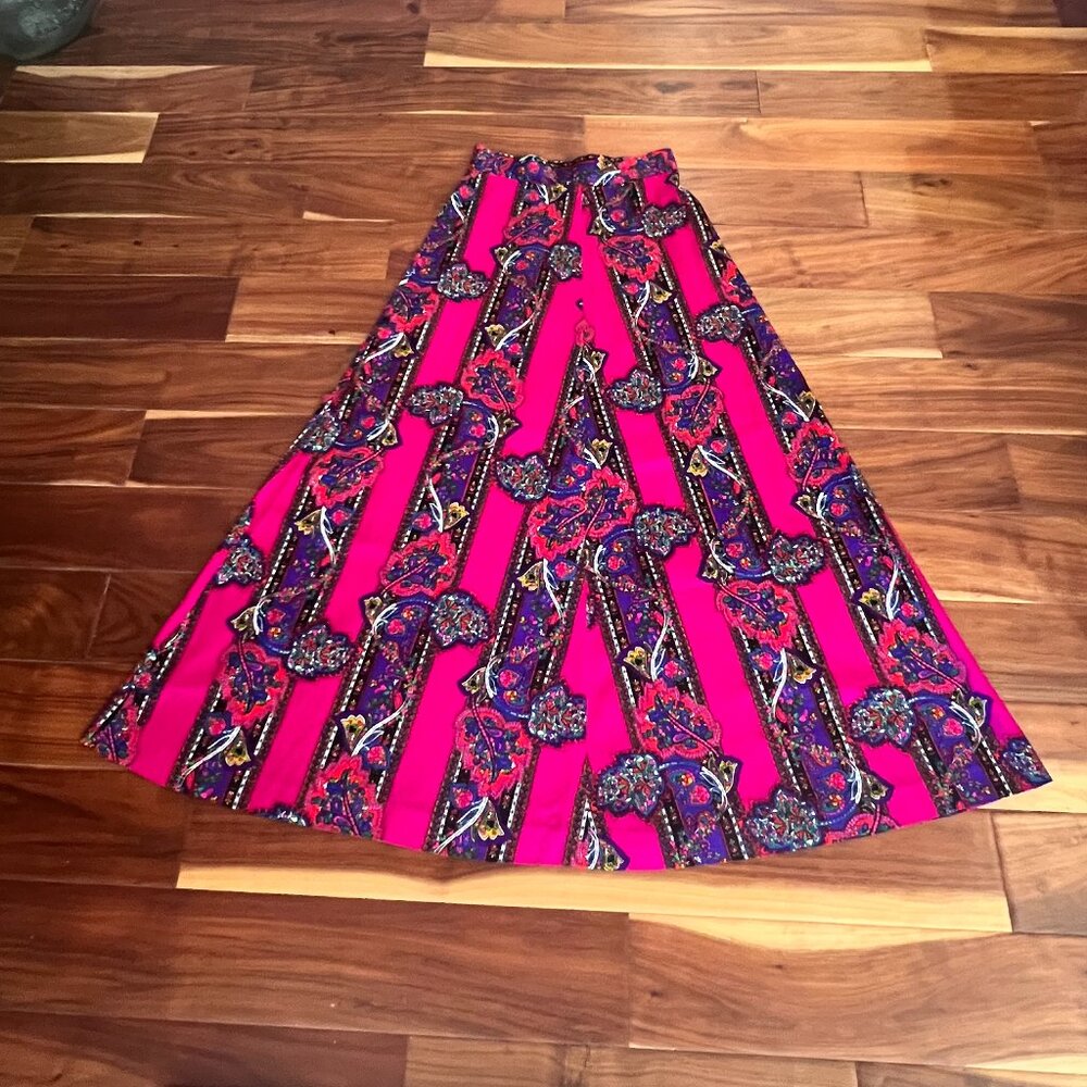Vibrant Multicolored Bohemian Vintage A-Line Maxi Skirt, Size Medium